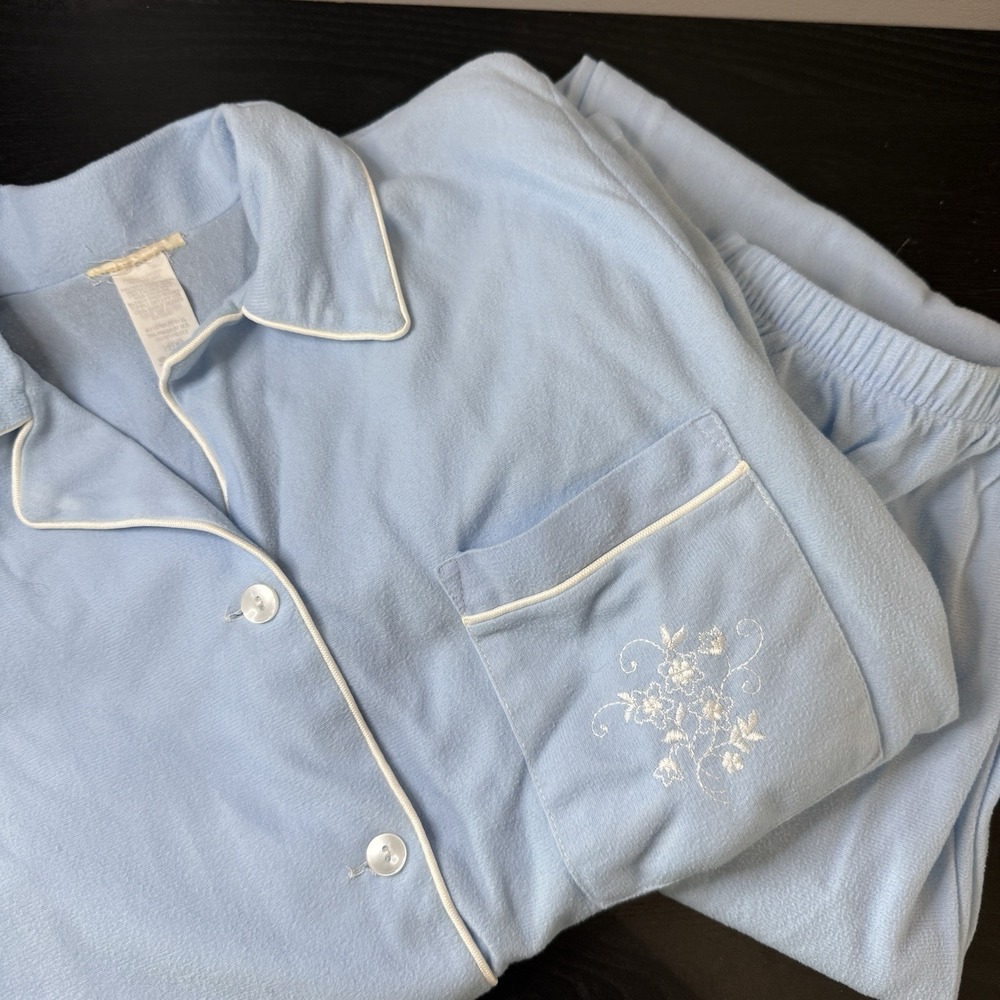 Vintage Sears Pajama Set Womens M Blue Button Up Embroidered Sleep Pants‎ Pjs